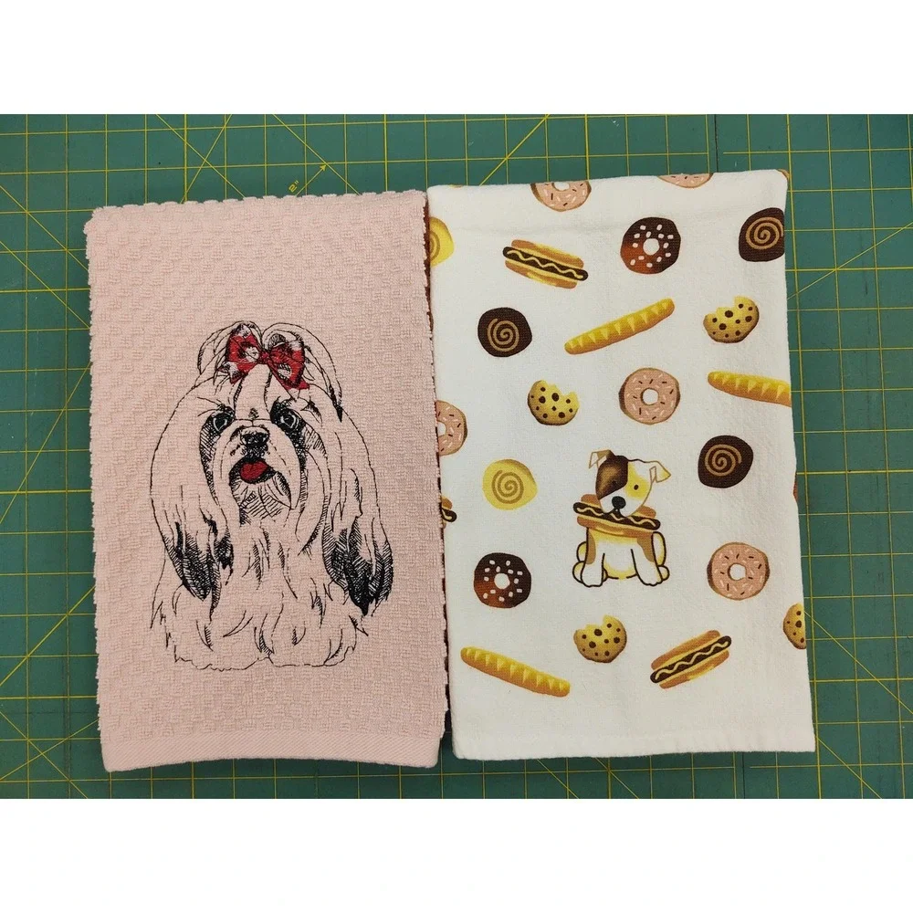 Shih Tzu Dog With Hair Bow Kitchen Bath Hand Bar Towel Set of 2 Great Gift!